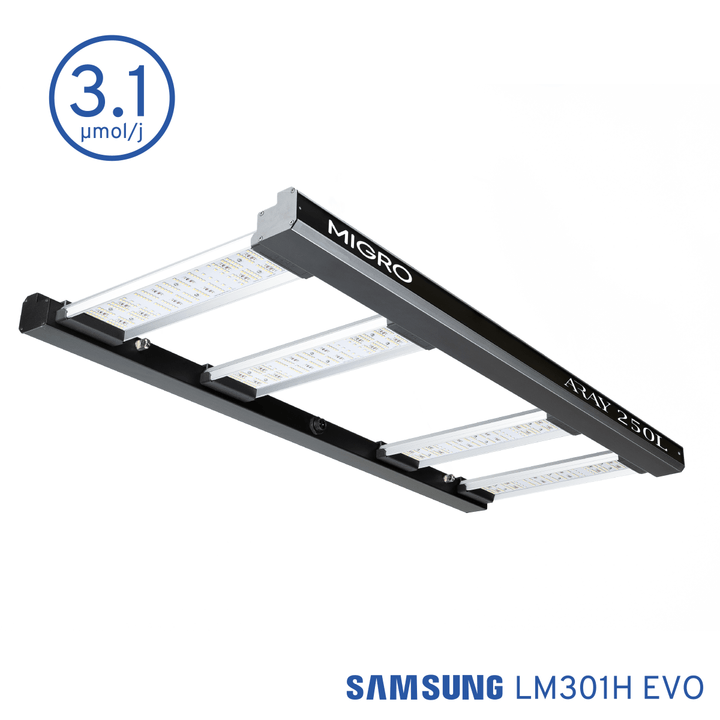 The MIGRO ARAY 250L is a high efficiency grow light with 3.1 µmol/Joule PPE delivering full spectrum light, high PAR intensity with unparalleled uniformity