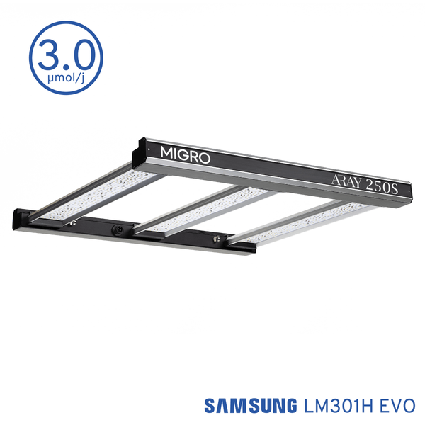 The MIGRO ARAY 250S is a high efficiency grow light with 3.0 µmol/Joule PPE delivering full spectrum light, high PAR intensity with unparalleled uniformity